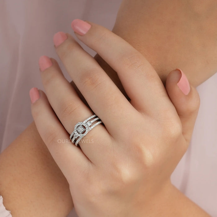 Halo-Ring mit dreifachem Rundschaft und Diamantcluster