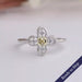 Front view of asscher cut diamond cut dainty ring, crafted with 14k white gold.