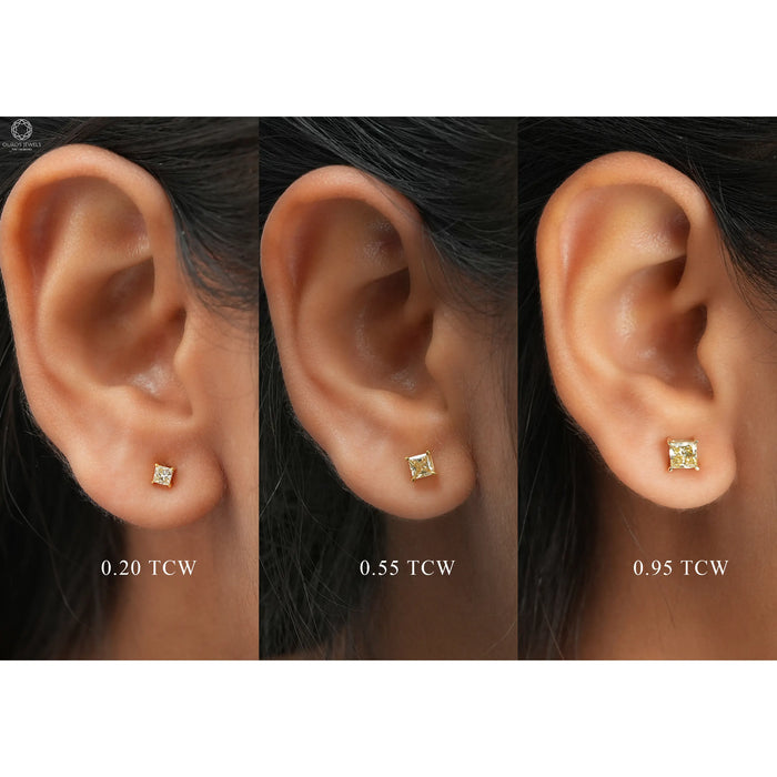 Different carat weights available of princess cut lab manufactured diamond solitaire earrings