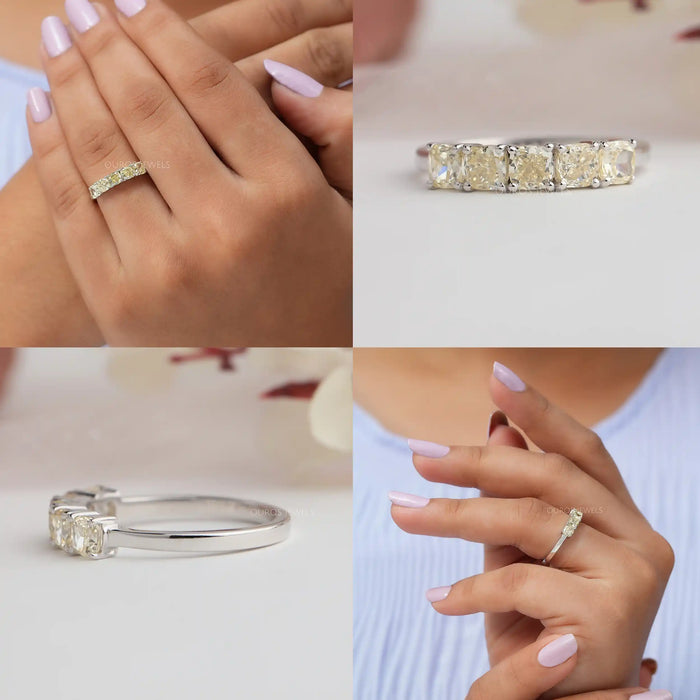 Collage of 5 stone cushion cut diamond anniversary ring