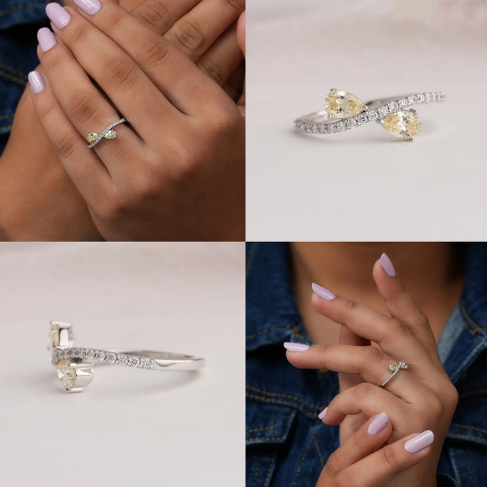 Collage Of Yellow Diamond Pear Engagement Ring With Curved Shank And Round Accent Stones